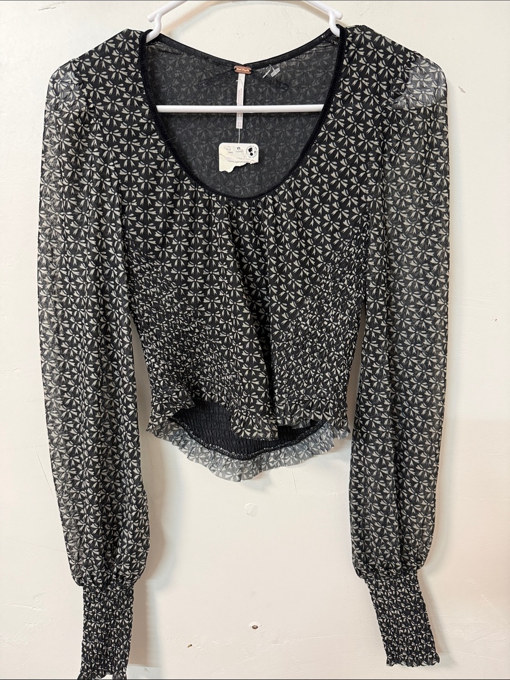 Free People Black Sheer Floral Long-Sleeve Smocked Top